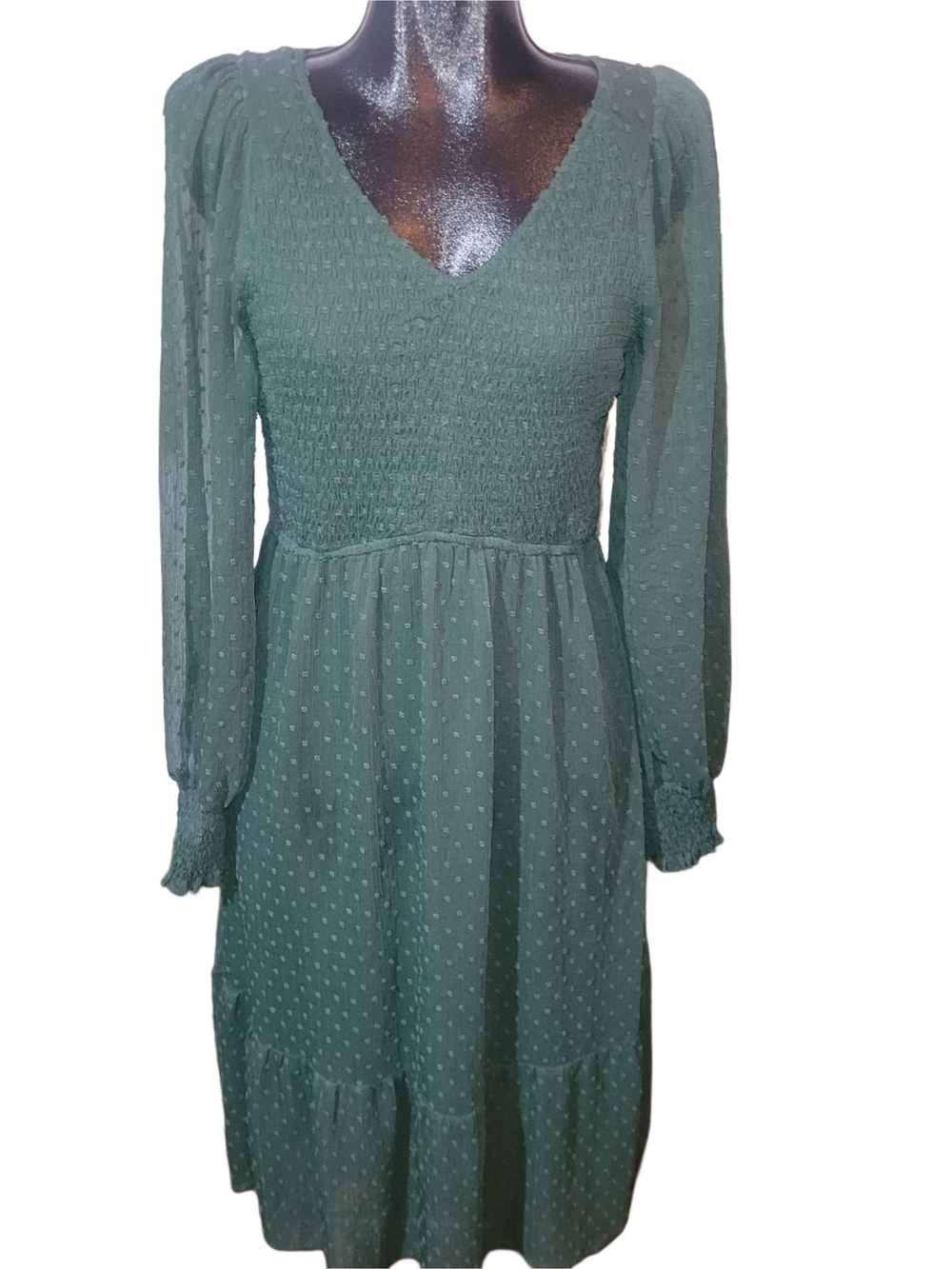 PrettyGarden Forest Green Smocked V-Neck Long Sleeve Boho Midi Dress Size L